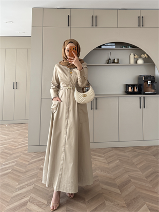 Kamran Kemerli Gömlek Elbise Bej (653)