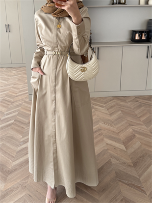 Kamran Kemerli Gömlek Elbise Bej (653)