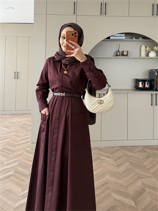 Kamran Kemerli Gömlek Elbise Bordo (653)