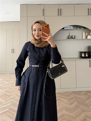 Kamran Kemerli Gömlek Elbise Lacivert (653)