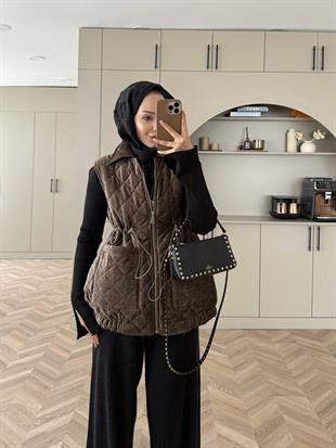 Kapitone Kadife Şişme Yelek Bej