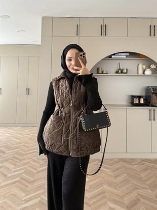 Kapitone Kadife Şişme Yelek Bej