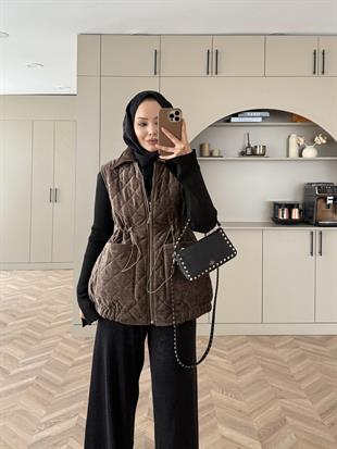 Kapitone Kadife Şişme Yelek Bej