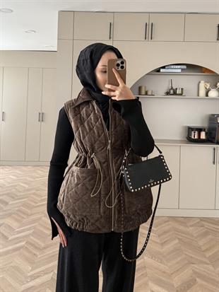 Kapitone Kadife Şişme Yelek Bej