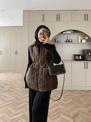 Kapitone Kadife Şişme Yelek Bej