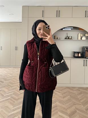 Kapitone Kadife Şişme Yelek Bordo