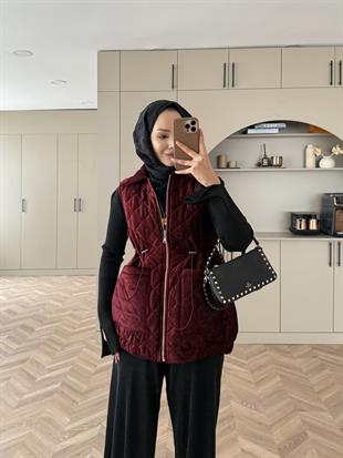 Kapitone Kadife Şişme Yelek Bordo