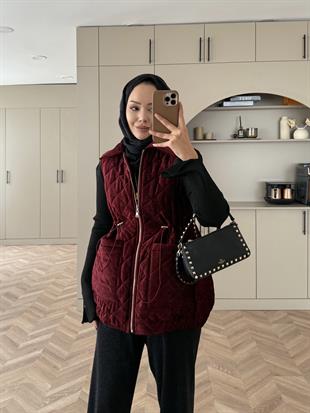 Kapitone Kadife Şişme Yelek Bordo