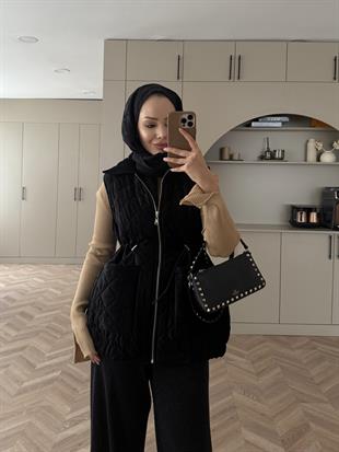 Kapitone Kadife Şişme Yelek Siyah