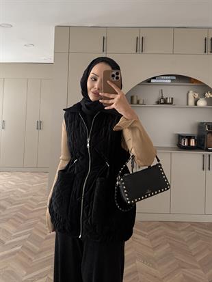 Kapitone Kadife Şişme Yelek Siyah