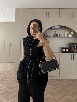 Kapitone Kadife Şişme Yelek Siyah