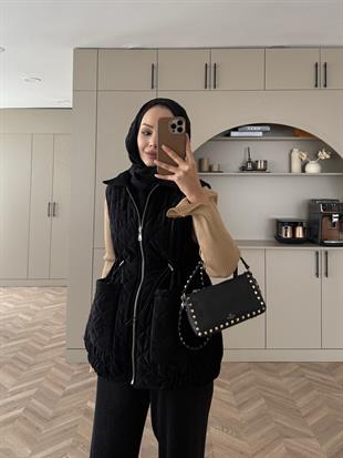 Kapitone Kadife Şişme Yelek Siyah
