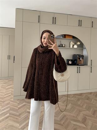 Kapüşonlu Simli Hırka Acı Kahve