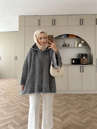 Kapüşonlu Simli Hırka Gri