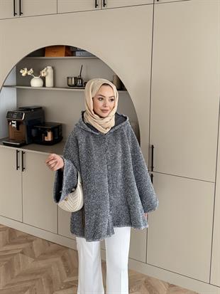 Kapüşonlu Simli Hırka Gri