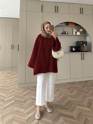 Kapüşonlu Simli Hırka Kırmızı