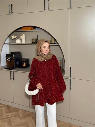 Kapüşonlu Simli Hırka Kırmızı