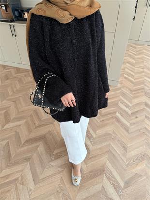 Kapüşonlu Simli Hırka Siyah