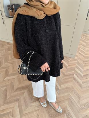 Kapüşonlu Simli Hırka Siyah