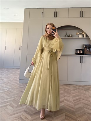 Karaf Pelerinli Elbise Yağ Yeşili (8054)