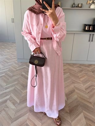Karya Ceketli Keten Elbise Pembe (4539)