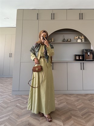 Karya Ceketli Keten Elbise Yağ Yeşili (4539)