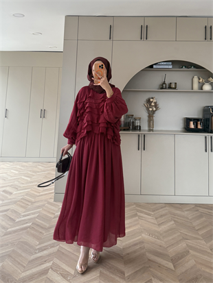 Kave Fırfırlı Etekli Takım Bordo (5711)