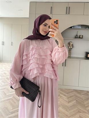 Kave Fırfırlı Etekli Takım Pembe (5711)