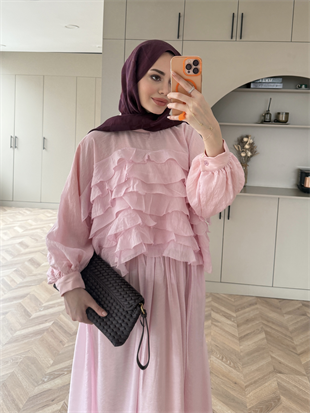 Kave Fırfırlı Etekli Takım Pembe (5711)