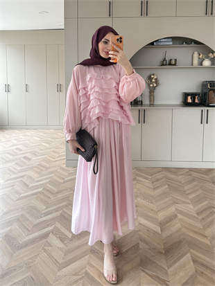 Kave Fırfırlı Etekli Takım Pembe (5711)