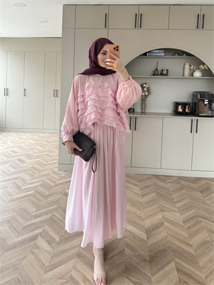 Kave Fırfırlı Etekli Takım Pembe (5711)