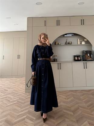 Kemerli Düğmeli Kot Elbise Lacivert (707)