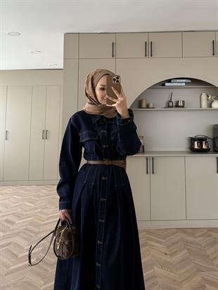 Kemerli Düğmeli Kot Elbise Lacivert (707)