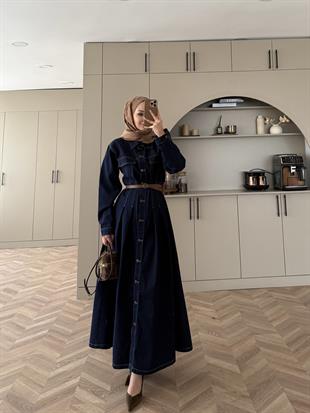 Kemerli Düğmeli Kot Elbise Lacivert (707)