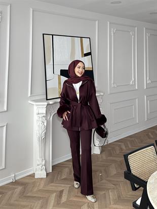 (ÖNSİPARİŞ) Ketty Kürklü Scuba Takım Bordo