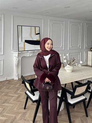 (ÖNSİPARİŞ) Ketty Kürklü Scuba Takım Bordo