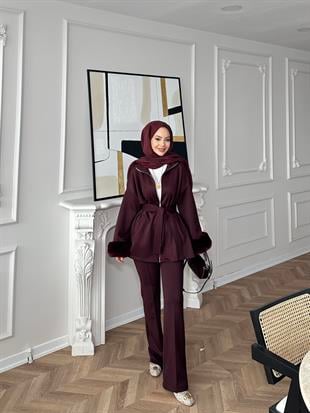 (ÖNSİPARİŞ) Ketty Kürklü Scuba Takım Bordo