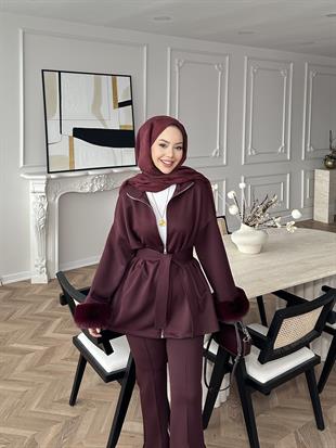 (ÖNSİPARİŞ) Ketty Kürklü Scuba Takım Bordo