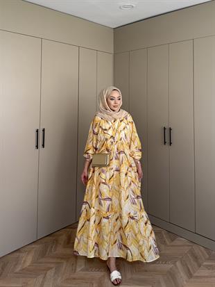 Kiraz Pamuk Vual Elbise Sarı