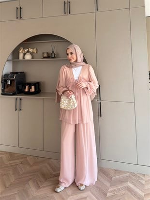 Klaro Bağlama Detaylı Pantolonlu Takım Toz Pembe 