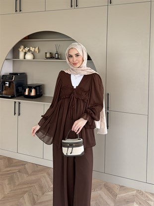 Klaro Bağlama Detaylı Pantolonlu Takım Acı Kahve