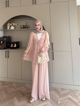 Klaro Bağlama Detaylı Pantolonlu Takım Toz Pembe 