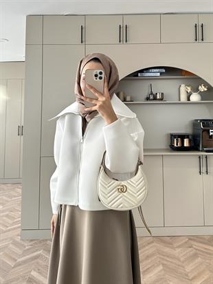 Klida Geniş Yaka Scuba Ceket Beyaz