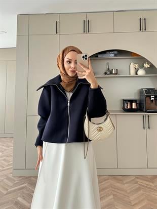 Klida Geniş Yaka Scuba Ceket Lacivert