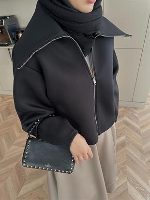 Klida Geniş Yaka Scuba Ceket Siyah