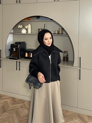 Klida Geniş Yaka Scuba Ceket Siyah