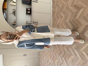 Kontrast Kot Detaylı Hırka Ekru