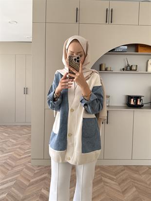 Kontrast Kot Detaylı Hırka Ekru