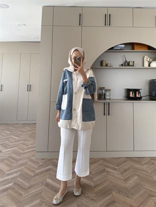 Kontrast Kot Detaylı Hırka Ekru