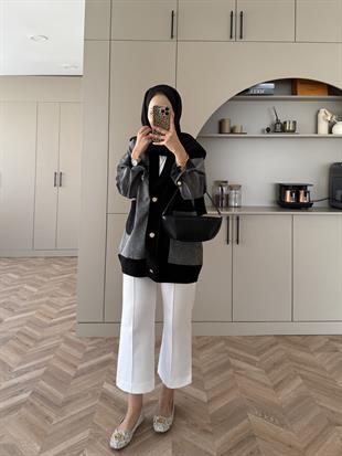 Kontrast Kot Detaylı Hırka Siyah